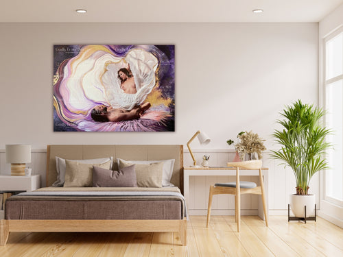 "The subtle flight expanded to infinity through all the cosmic hues of Love" 80x 120 cm